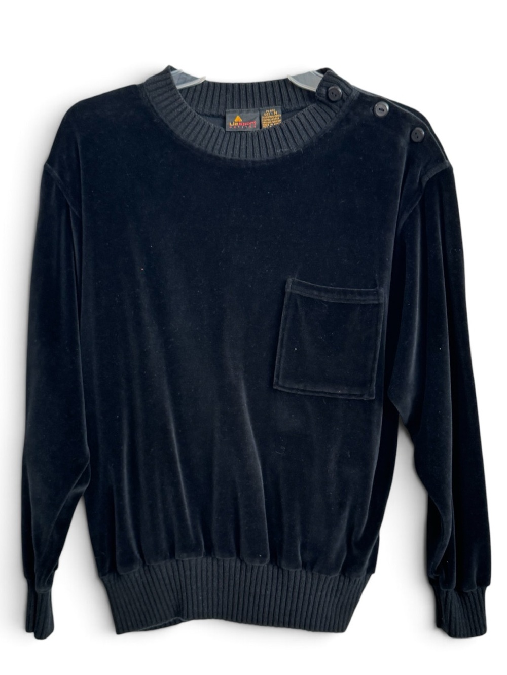 Liz Sport Black Velvet Crewneck Sweatshirt w/Pocket & Shoulder Button Detail